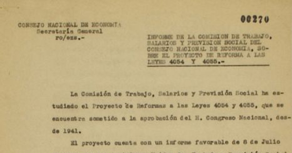 Informe de la Comisión de Trabajo, Salarios y Previsión Social del Consejo Nacional de Economía : sobre el proyecto de reforma a las leyes 4054 y 4055