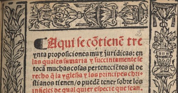 Aquí se contiene treynta proposiciones muy jurídicas : en la quales sumaria y succintamente se toca[n] muchas cosas pertenecie[n]tes al derecho q[ue] la yglesia y los principes christianos tienen, o puede[n] tener sobre los infieles ...