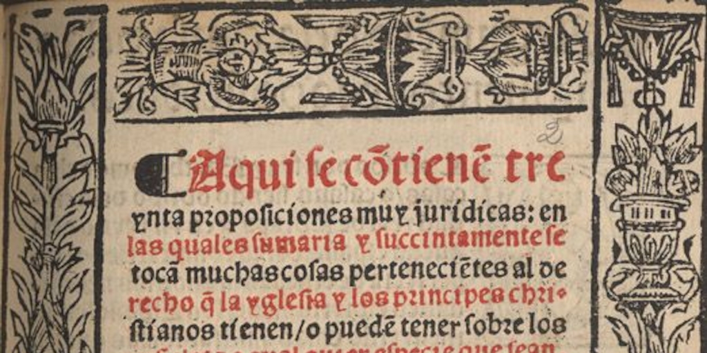 Aquí se contiene treynta proposiciones muy jurídicas : en la quales sumaria y succintamente se toca[n] muchas cosas pertenecie[n]tes al derecho q[ue] la yglesia y los principes christianos tienen, o puede[n] tener sobre los infieles ...