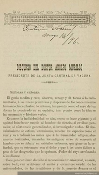 Discurso del doctor Adolfo Murillo Presidente de la Junta Central de Vacuna