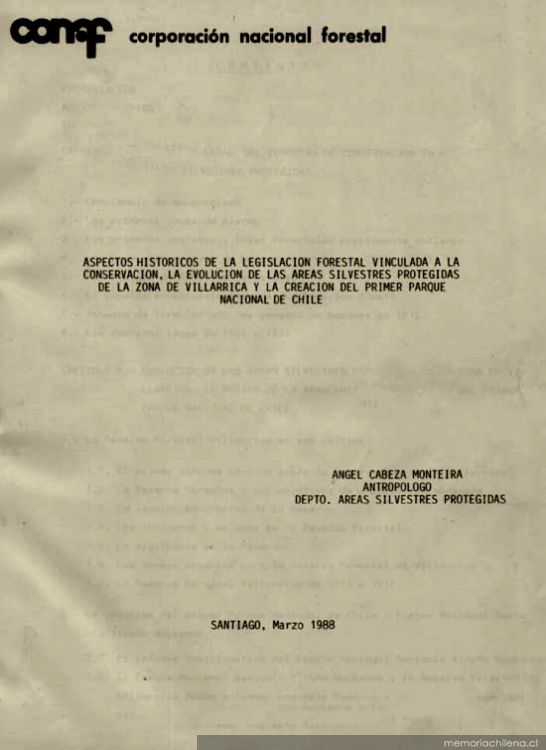 Aspectos históricos de la legislación forestal vinculada a la conservación, la evolución de las áreas silvestres protegidas de la zona de Villarrica y la creación del primer parque nacional de Chile