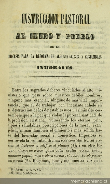 Instrucción pastoral al clero y pueblo de la Diocesis para la reforma de algunos abusos y costumbres inmorales