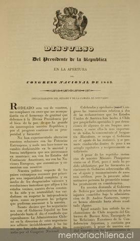 Discurso del Presidente de la República en la apertura del Congreso Nacional de 1843