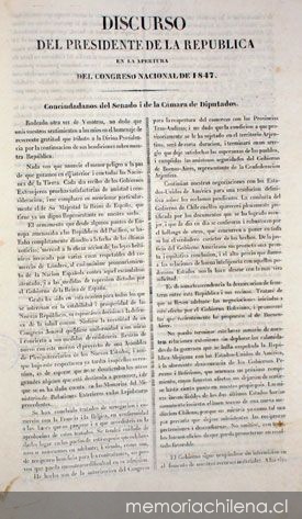 Discurso del Presidente de la República en la apertura del Congreso Nacional de 1847