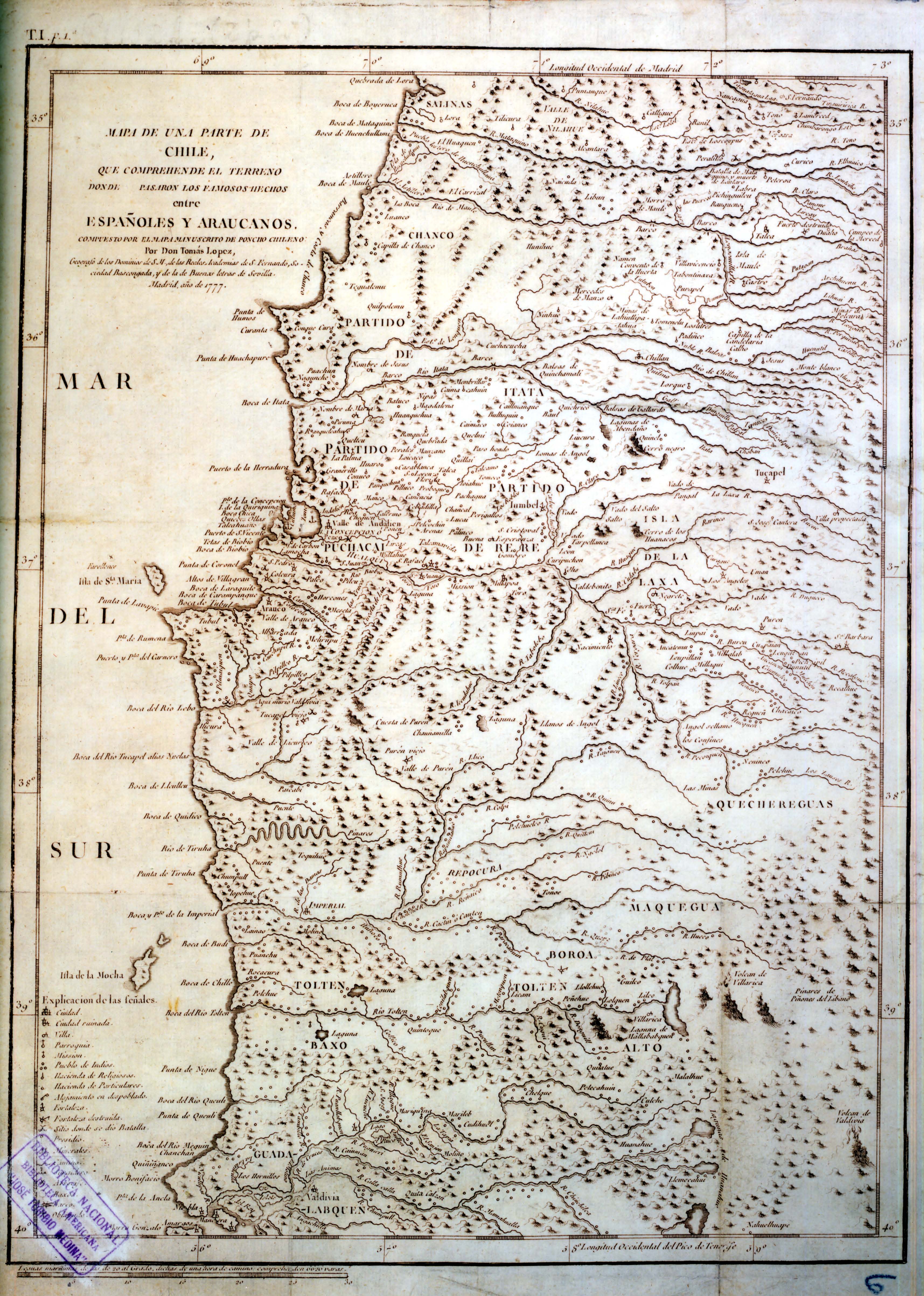 Mapa de una parte de Chile que comprende el terreno donde pasaron los famosos hechos entre españoles y araucanos, 1777