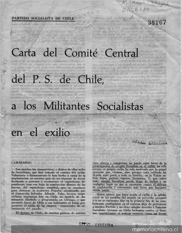 Carta del Comité Central del P.S. de Chile, a los militantes socialistas en el exilio