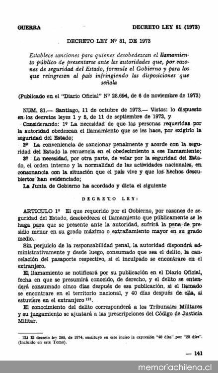 Recopilación de decretos leyes dictados por la Junta Militar : exilio de 1973