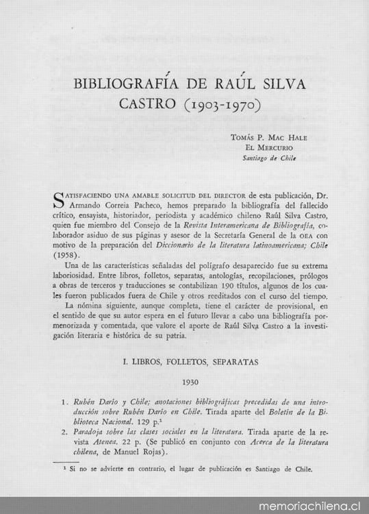 Bibliografía de Raúl Silva Castro (1903-1970).