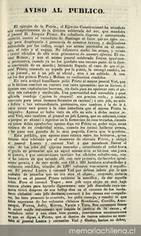 Aviso al público. El ejército de la patria, el ejército constitucional ha triunfado ayer completamente de la división sublevada del sur ... diciembre 16 de 1829