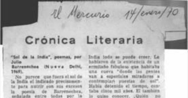 Crónica literaria : Sol de la India : poemas por Julio Barrenechea