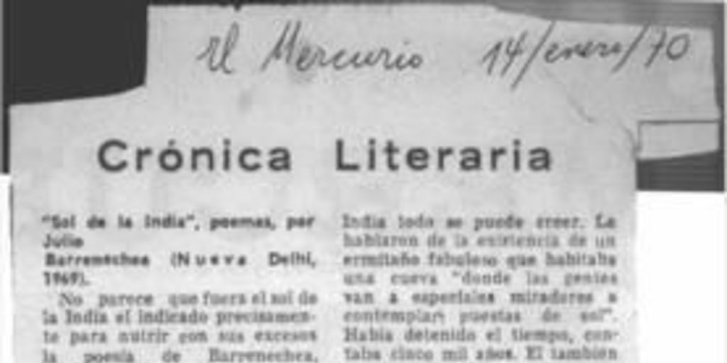 Crónica literaria : Sol de la India : poemas por Julio Barrenechea