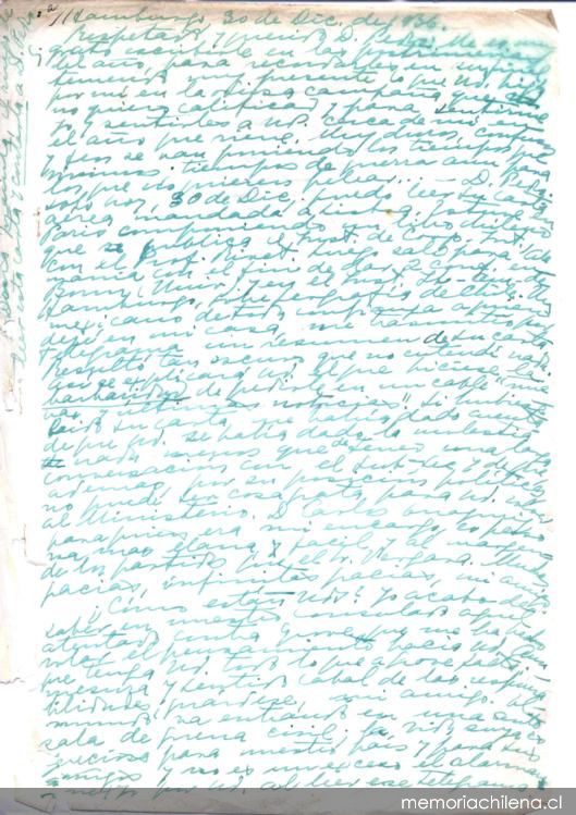 [Carta], 1936 dic. 30 Hamburgo, Alemania <a> Pedro Aguirre Cerda, Chile : [manuscrito]