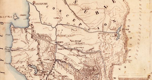 Plano de Arauco y Valdivia con la designación de la antigua i nueva línea de frontera contra los indios : 1870