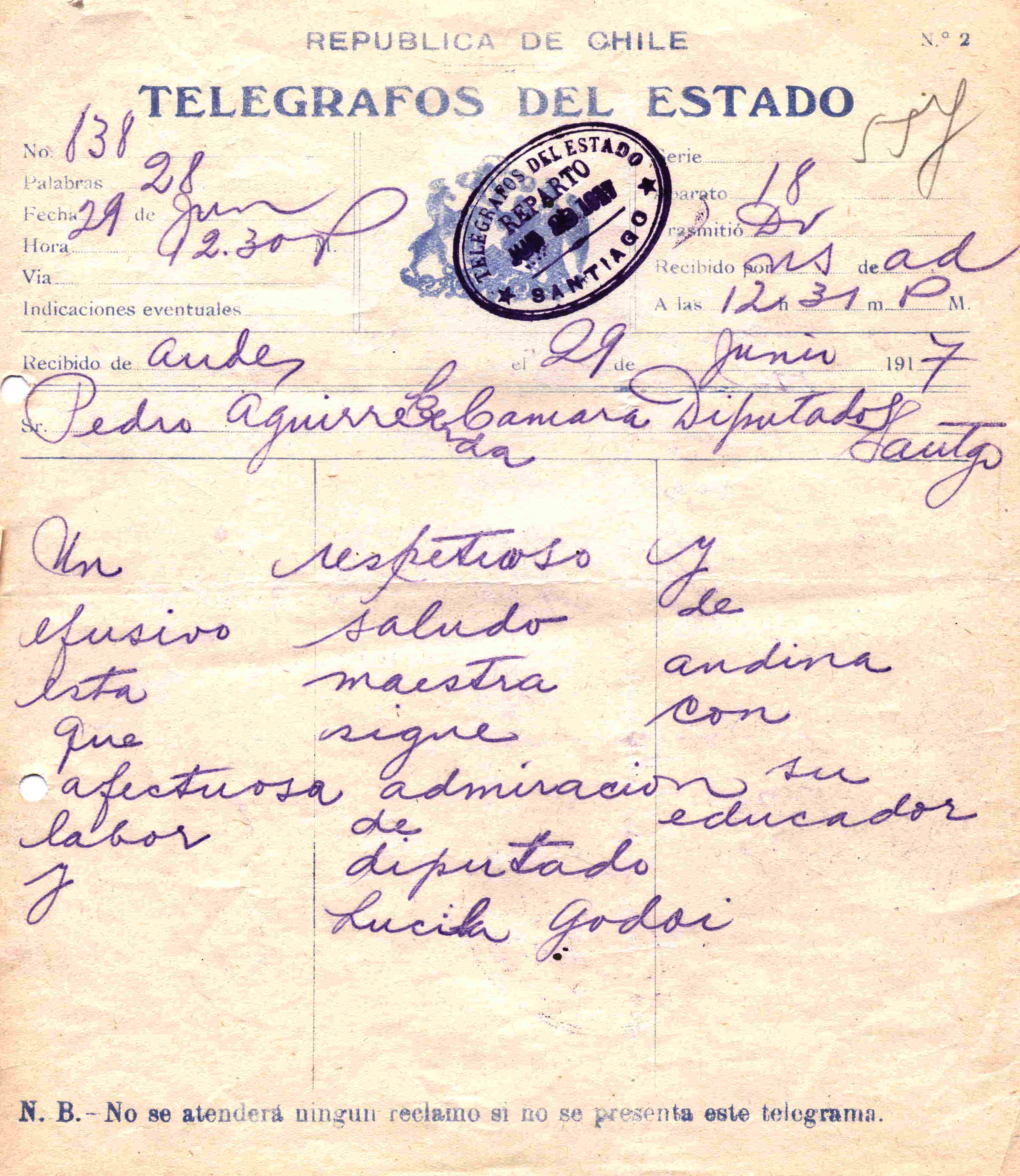 [Telegrama], 1917, jun. 29, Los Andes, Chile <a> Pedro Aguirre Cerda, Chile : [manuscrito]