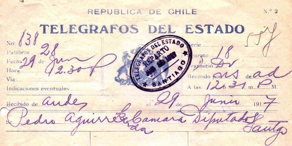 [Telegrama], 1917, jun. 29, Los Andes, Chile <a> Pedro Aguirre Cerda, Chile : [manuscrito]