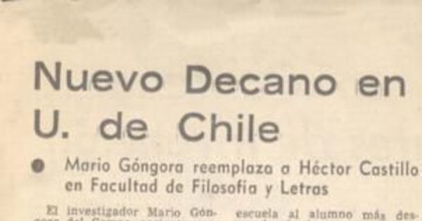 Nuevo decano en U. de Chile : Mario Góngora reemplaza a Héctor Castillo en Facultad de Filosofía y Letras