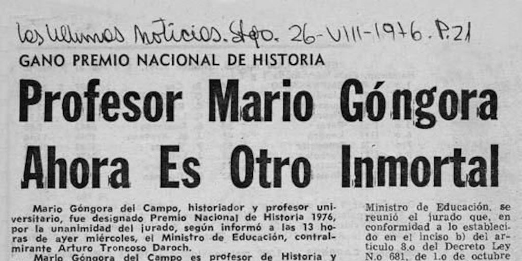 Profesor Mario Góngora ahora es otro inmortal : ganó Premio Nacional de Historia