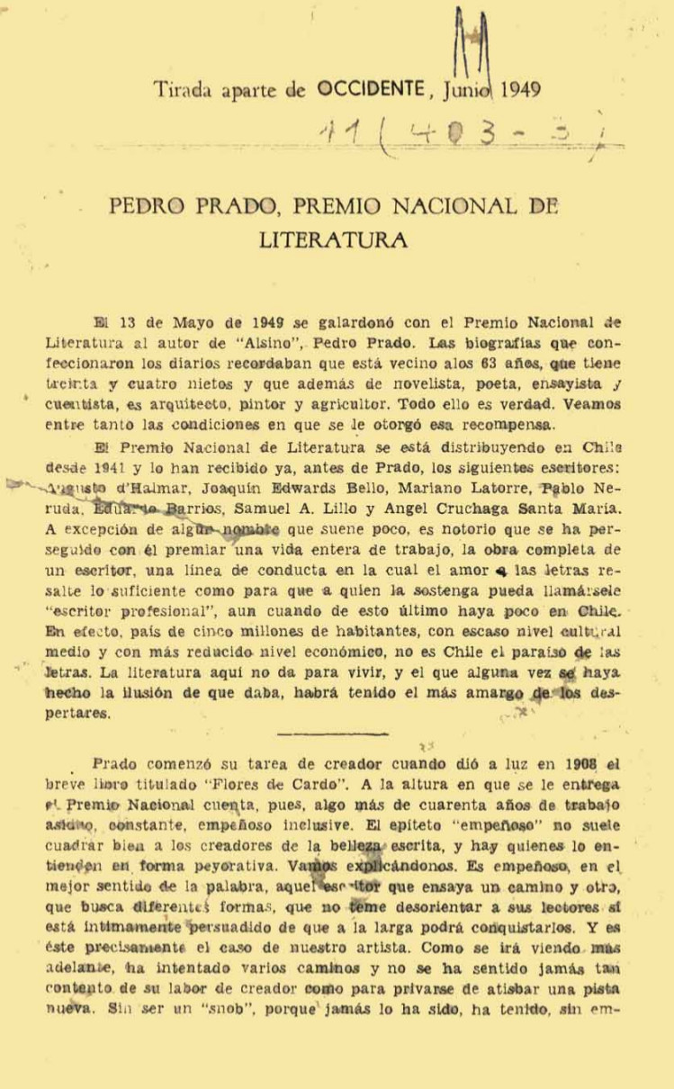 Pedro Prado, Premio Nacional de literatura