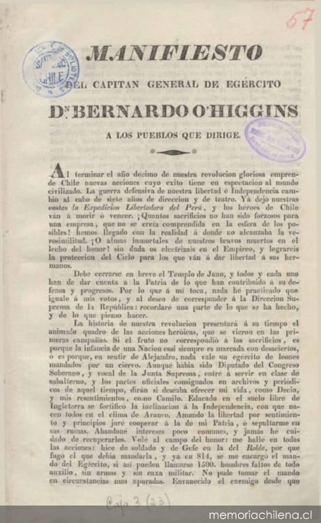 Manifiesto del Capitán General de Ejército Don Bernardo O'Higgins
