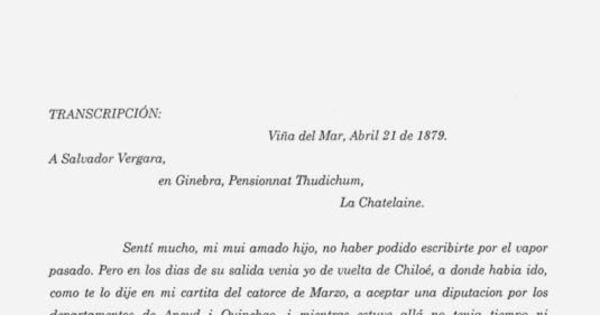 Carta, 1879 abr. 21, Viña del Mar a Salvador Vergara, Ginebra