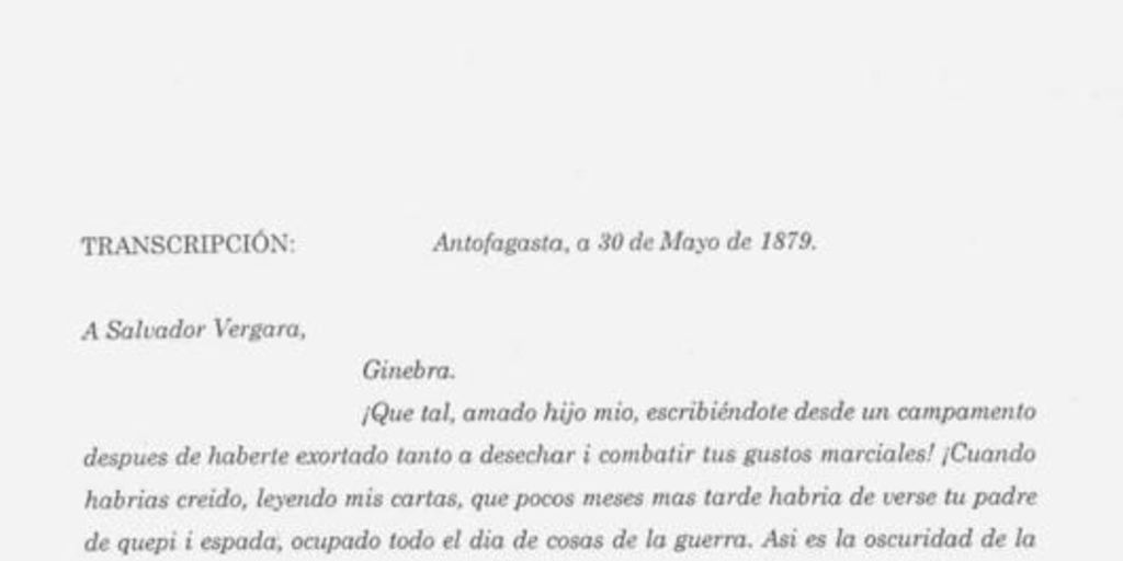 Carta, 1879 mayo 30, Antofagasta a Salvador Vergara, Ginebra