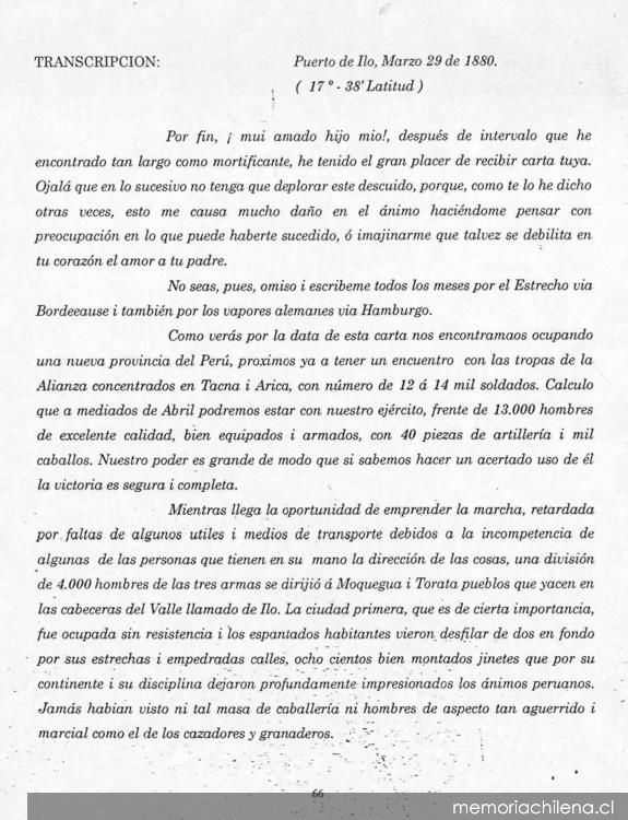 Carta, 1880 mar. 29, Puerto de Ilo a Salvador Vergara, Ginebra