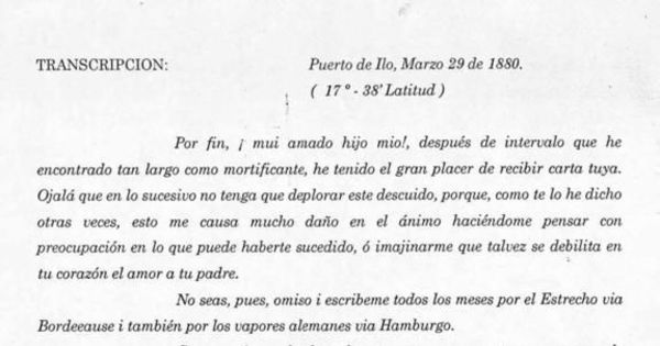 Carta, 1880 mar. 29, Puerto de Ilo a Salvador Vergara, Ginebra