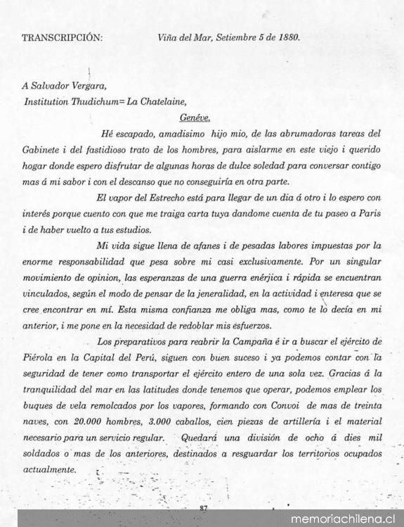 Carta, 1880 set. 5, Viña del Mar a Salvador Vergara, Géneve