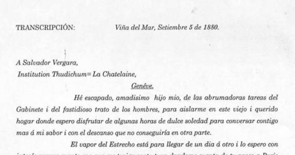 Carta, 1880 set. 5, Viña del Mar a Salvador Vergara, Géneve