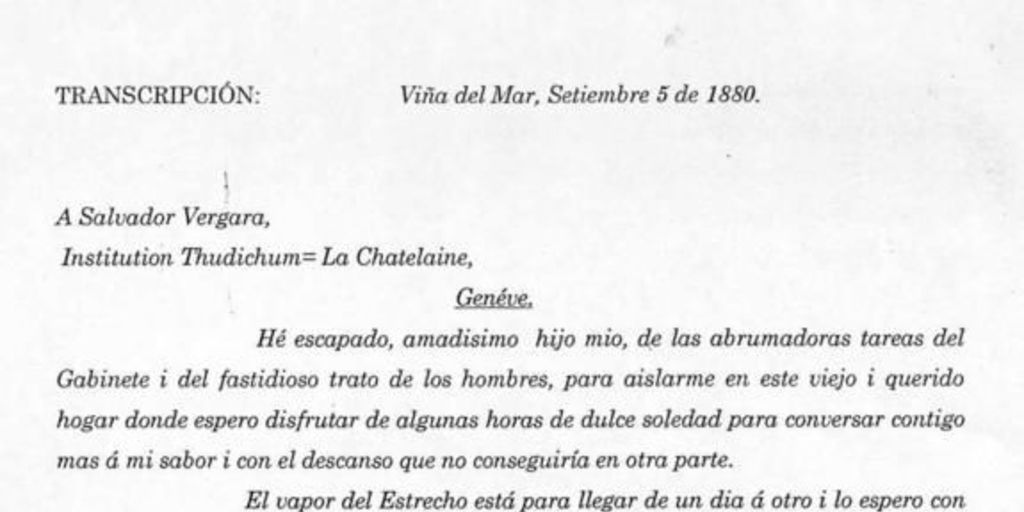 Carta, 1880 set. 5, Viña del Mar a Salvador Vergara, Géneve