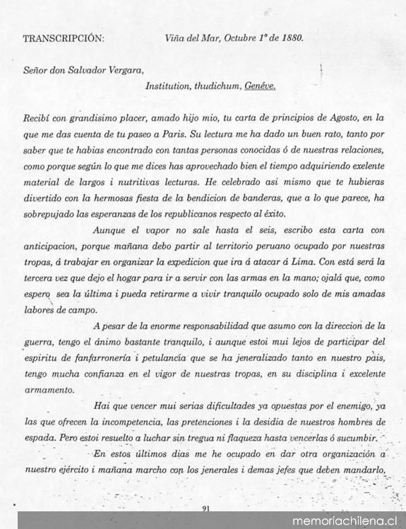 Carta, 1880 oct. 1, Viña del Mar a Salvador Vergara, Géneve