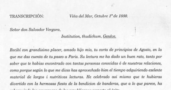 Carta, 1880 oct. 1, Viña del Mar a Salvador Vergara, Géneve