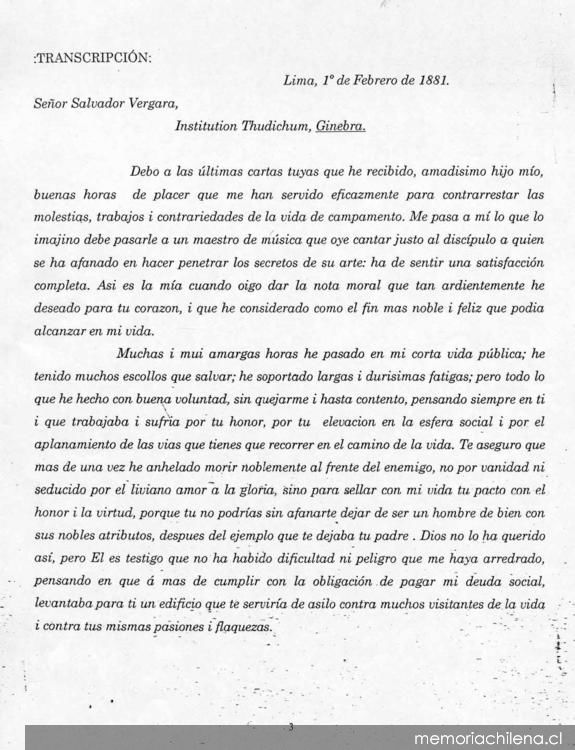 Carta, 1881 feb. 1, Lima a Salvador Vergara, Ginebra