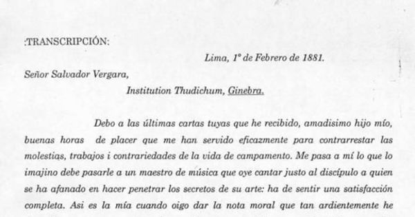 Carta, 1881 feb. 1, Lima a Salvador Vergara, Ginebra
