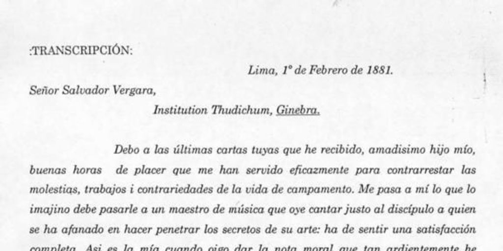 Carta, 1881 feb. 1, Lima a Salvador Vergara, Ginebra