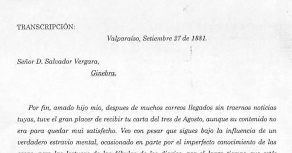 Carta, 1881 set. 27, Valparaíso a Salvador Vergara, Ginebra