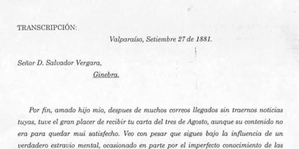 Carta, 1881 set. 27, Valparaíso a Salvador Vergara, Ginebra