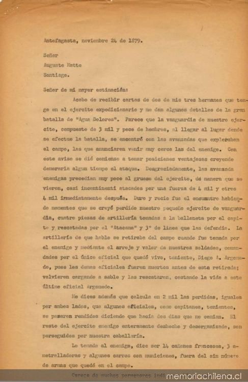 Carta, 1879 nov. 24, Antofagasta a Augusto Matte, Santiago, Chile