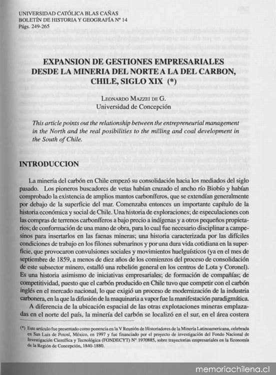 Expansión de gestiones empresariales desde la minería del norte a la del carbón : Chile : siglo XIX