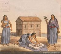 Mujeres mapuche moliendo granos, 1820-1821
