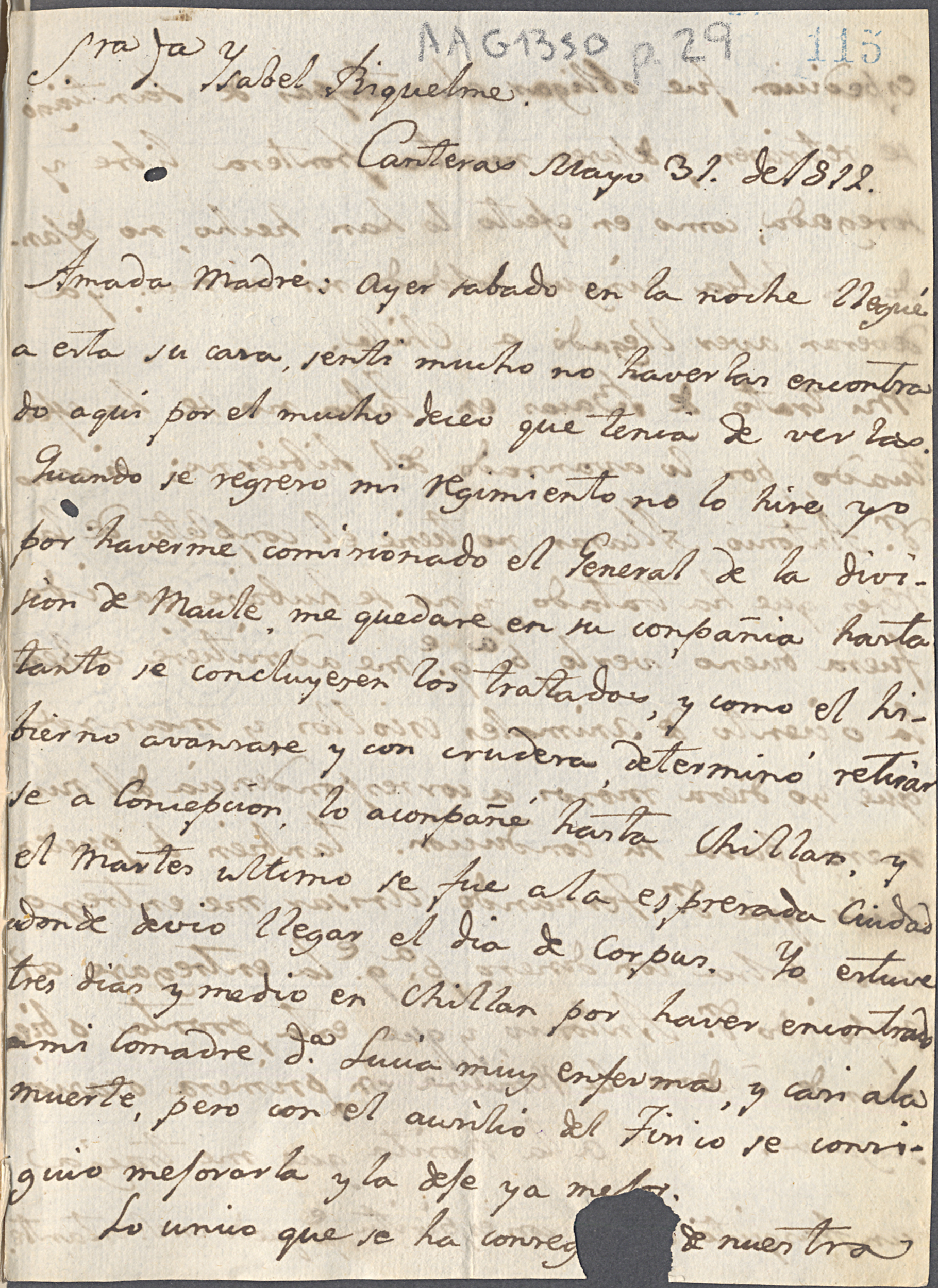 Carta 1812 May. 31, Canteras, a Sra. Da. Isabel Riquelme