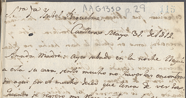 Carta 1812 May. 31, Canteras, a Sra. Da. Isabel Riquelme