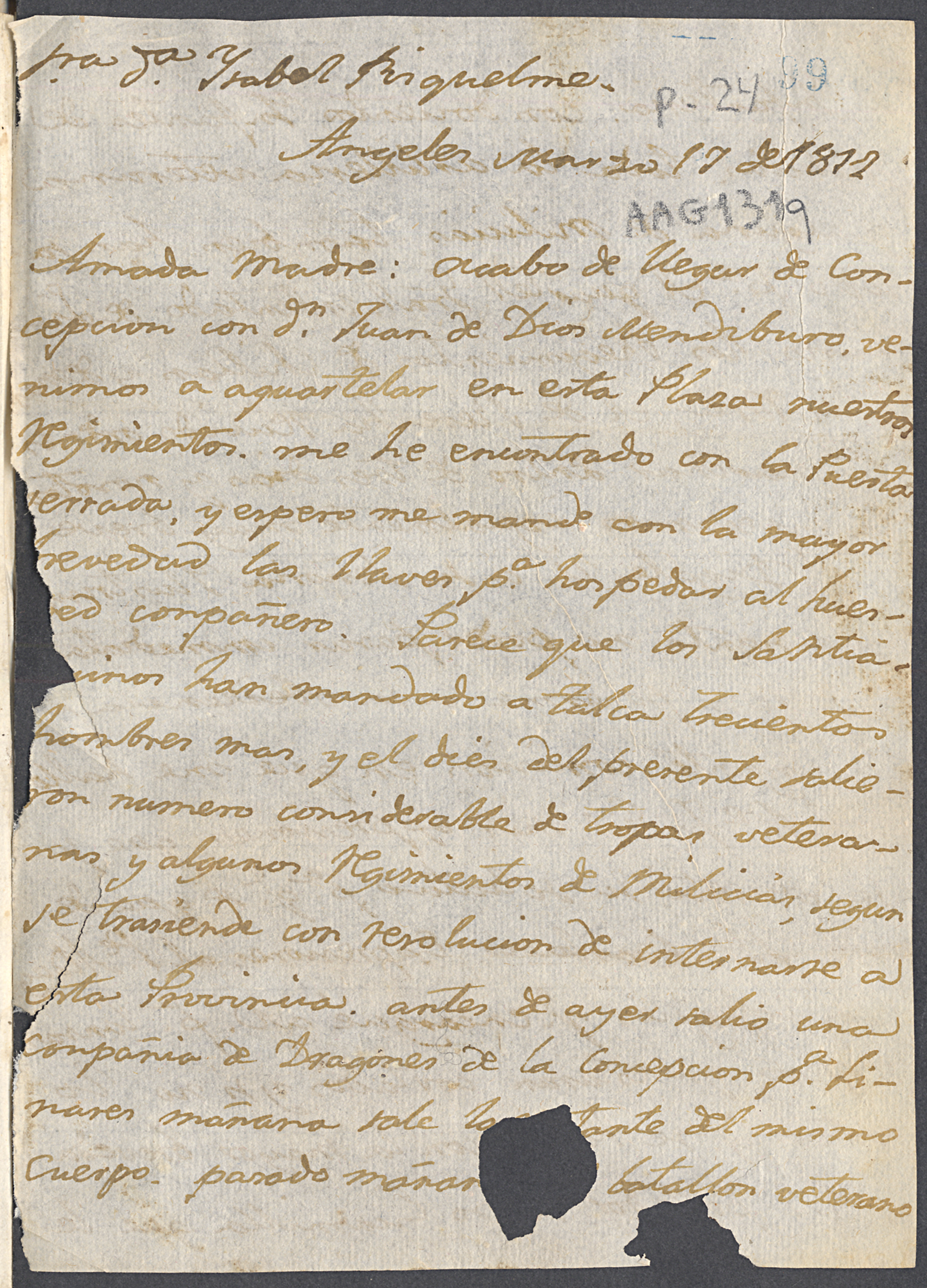 Carta 1812 Mar. 17, Ángeles a Sra. Da. Isabel Riquelme.