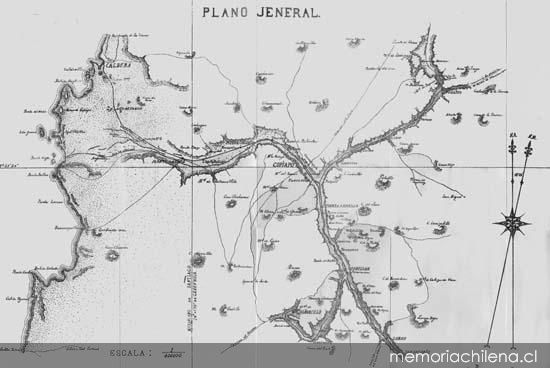 Plano general del ferrocarril de Caldera a Copiapó hacia 1900