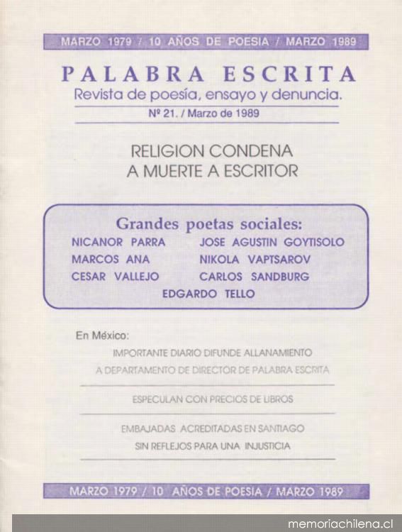 Palabra escrita : revista de poesía, ensayo y denuncia : n° 21, marzo 1989