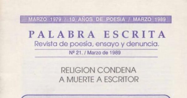 Palabra escrita : revista de poesía, ensayo y denuncia : n° 21, marzo 1989