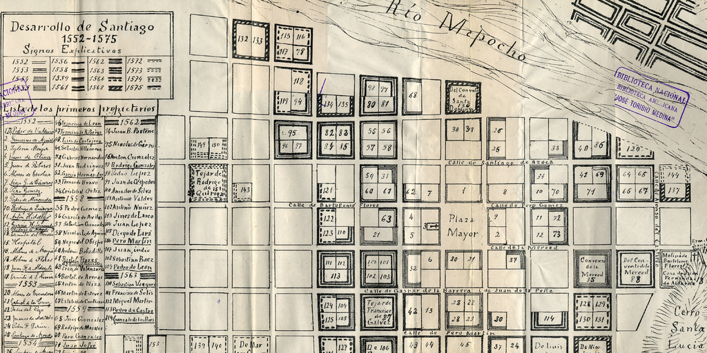 Croquis que demuestra el desarrollo de la ciudad de Santiago desde 1552 hasta 1575