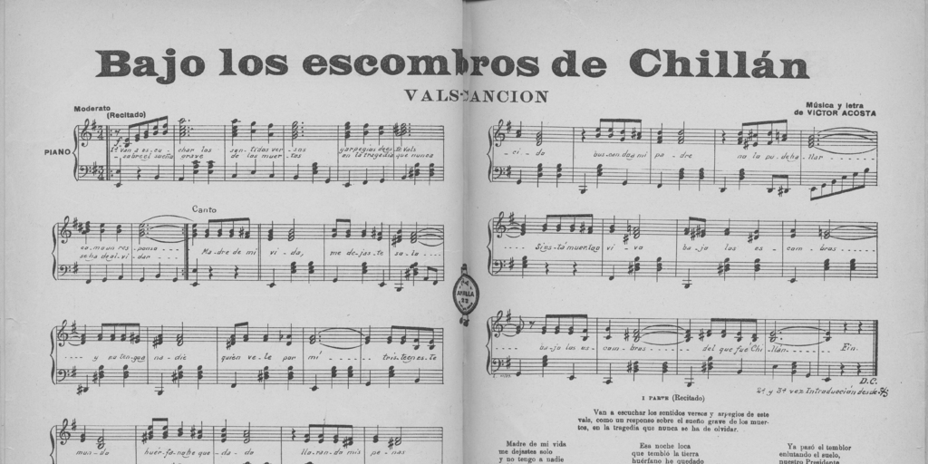 Bajo los escombros de Chillán [música] : vals-canción [para canto y piano]