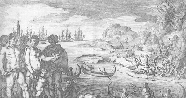 Detalle de nativos de Tierra del Fuego atacando a holandeses, ca. 1625