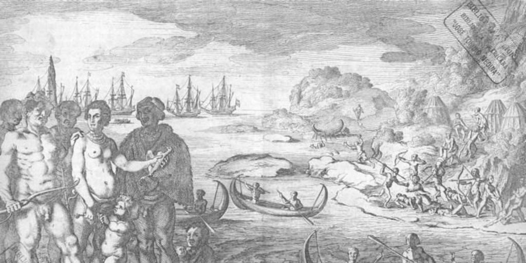 Detalle de nativos de Tierra del Fuego atacando a holandeses, ca. 1625